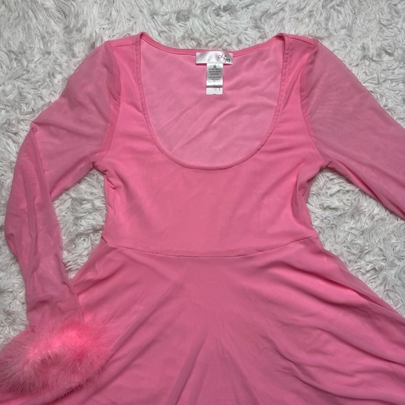 Pink Babydoll Dress Marabou Cuff Feathers Barbiecore Sheer Size Medium - Picture 2 of 8